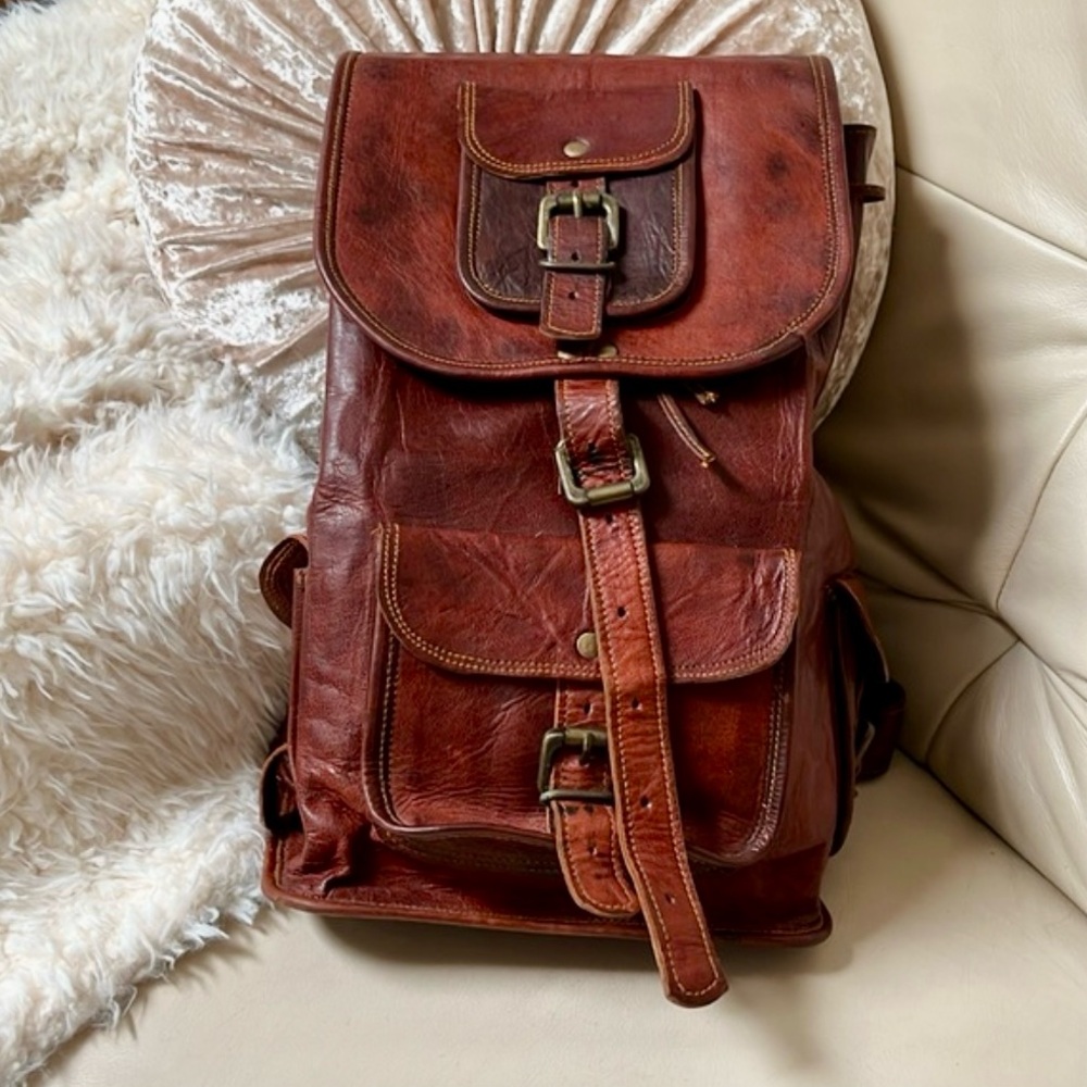Vintage 60s 70s Distressed Leather Cargo Pocket Backpack